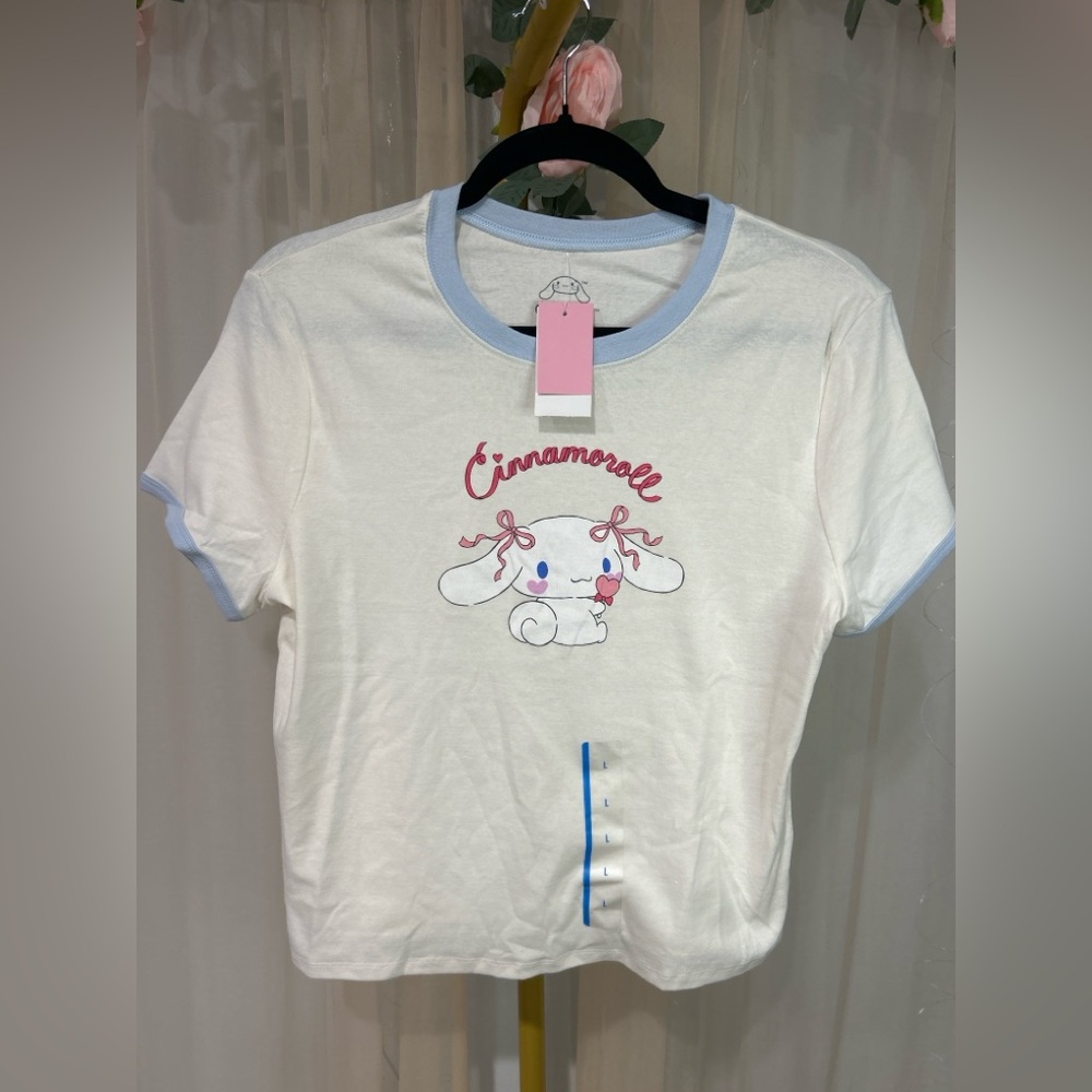 Sanrio Cinnamoroll Ringer Crop Tee Shirt White Blue Trim NWT Large